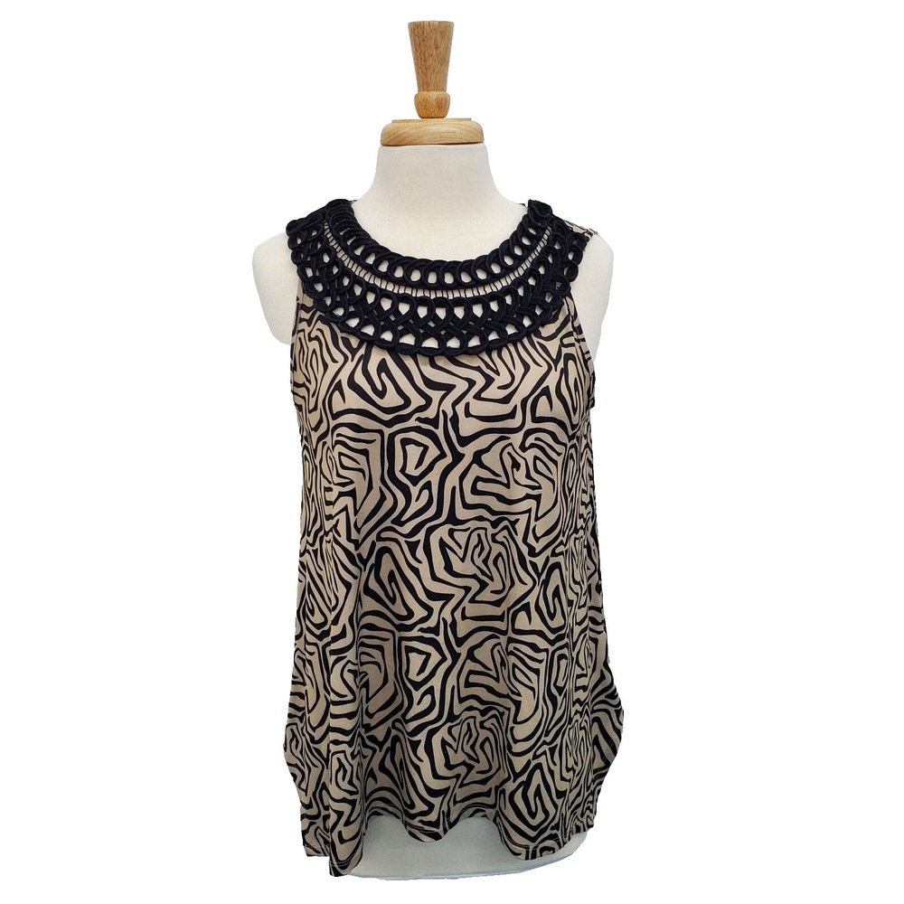 Valerie Stevens Womens M Beige Black Abstract Sleeveless Blouse Crochet Neckline